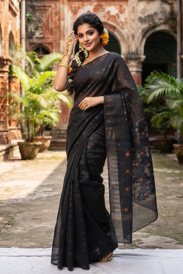 Suranjali Bengal Jamdani Saree (Black)