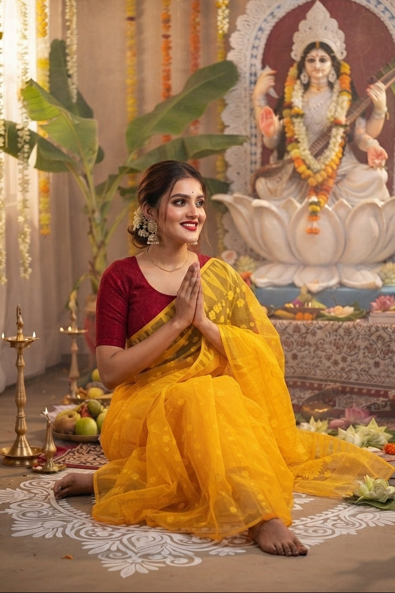 Suranjali Bengal Jamdani Saree (Yellow)
