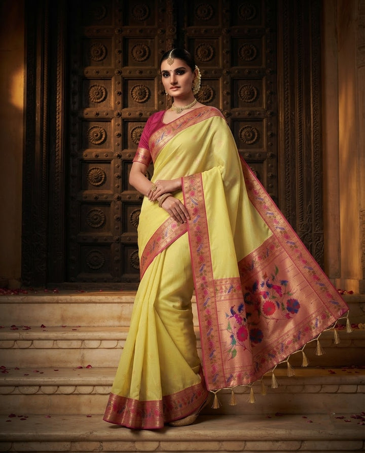 Golden Dew-Organza Silk (Semi) Saree with Minakari Zari Border & Designer Zari Pallu