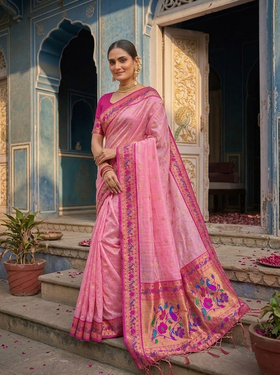 Golden Dew-Organza Silk (Semi) Saree with Minakari Zari Border & Designer Zari Pallu