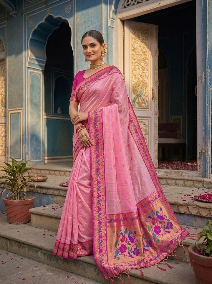 Golden Dew-Organza Silk (Semi) Saree with Minakari Zari Border & Designer Zari Pallu