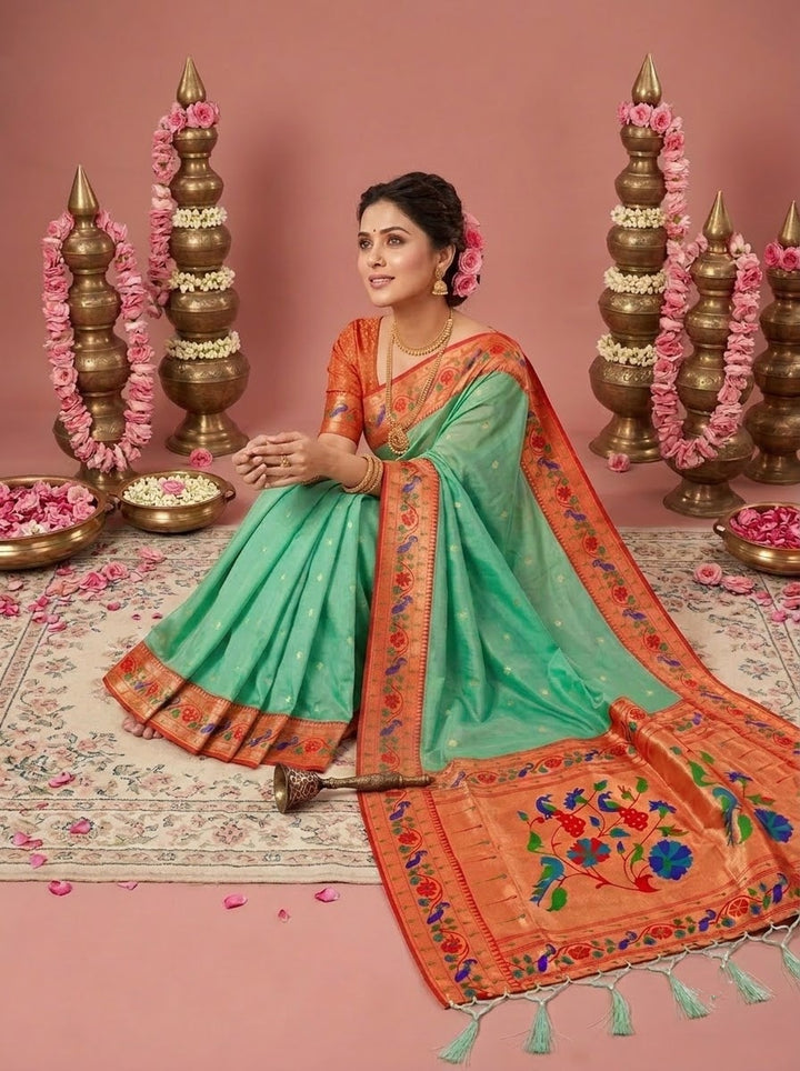 Golden Dew-Organza Silk (Semi) Saree with Minakari Zari Border & Designer Zari Pallu