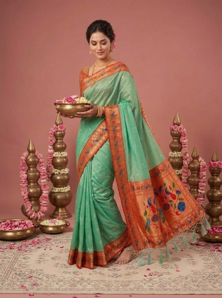 Golden Dew-Organza Silk (Semi) Saree with Minakari Zari Border & Designer Zari Pallu