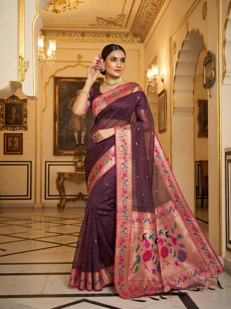 Golden Dew-Organza Silk (Semi) Saree with Minakari Zari Border & Designer Zari Pallu