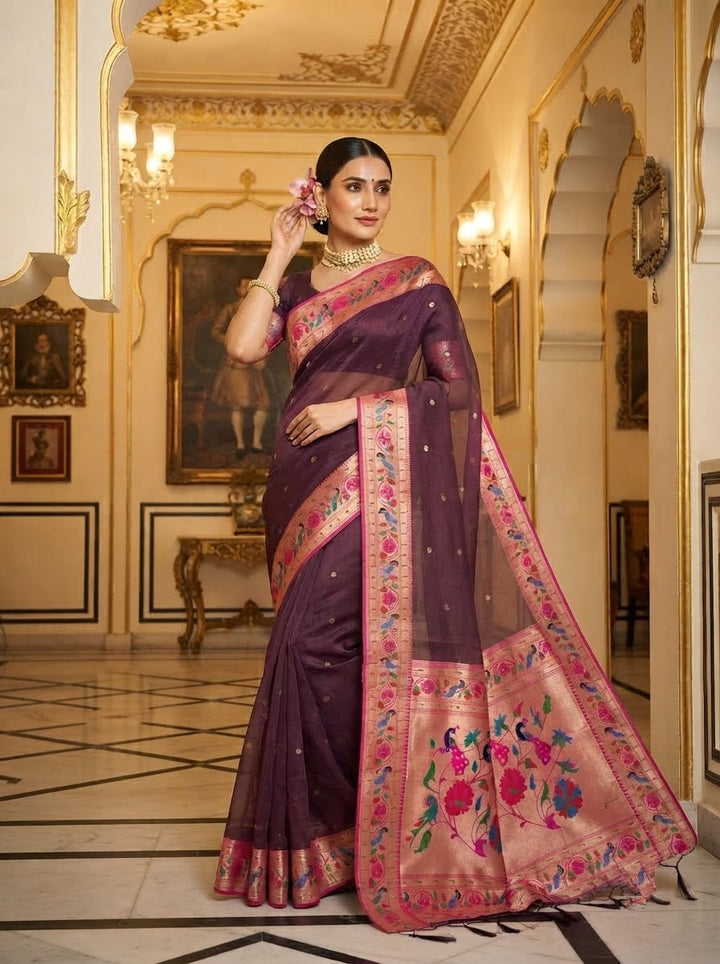 Golden Dew-Organza Silk (Semi) Saree with Minakari Zari Border & Designer Zari Pallu