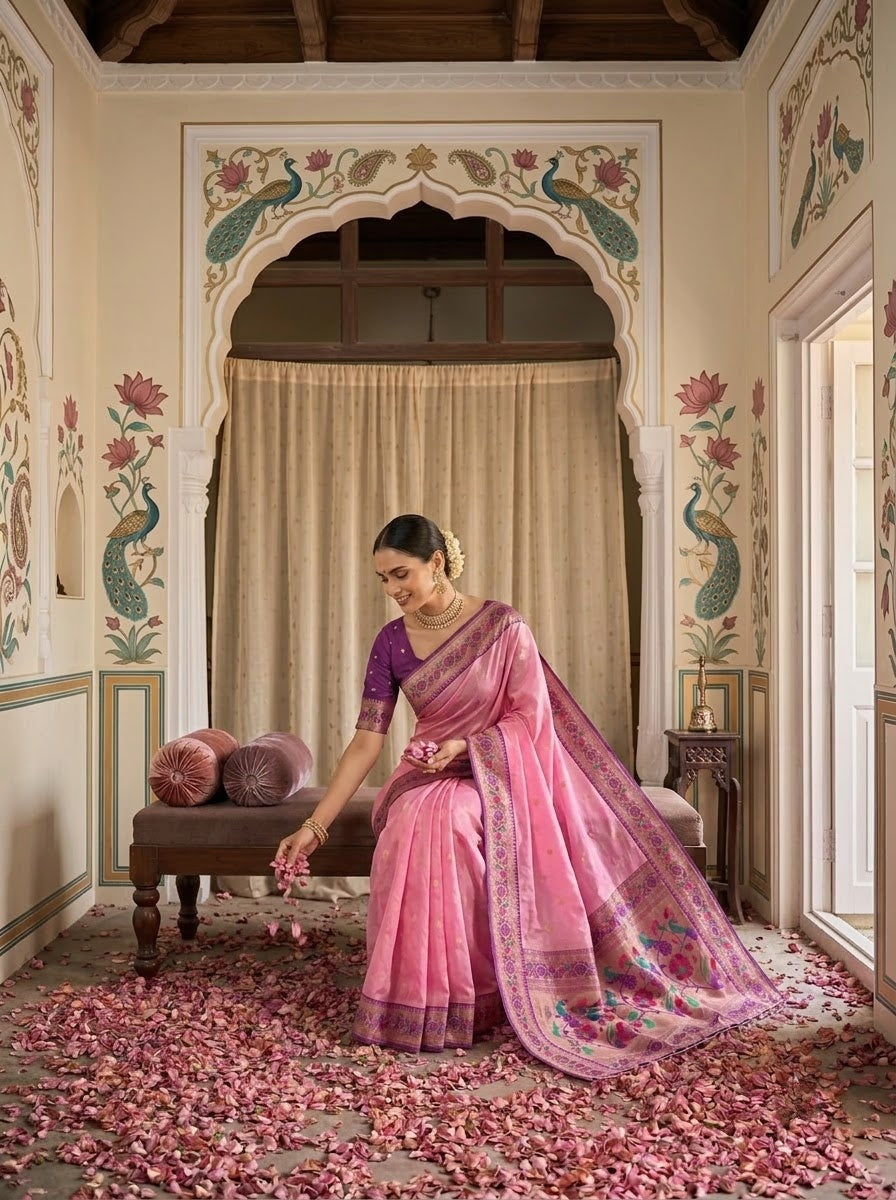 Golden Dew-Organza Silk (Semi) Saree with Minakari Zari Border & Designer Zari Pallu