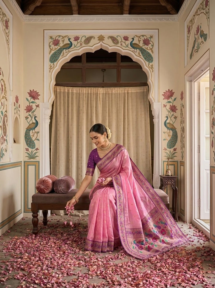 Golden Dew-Organza Silk (Semi) Saree with Minakari Zari Border & Designer Zari Pallu