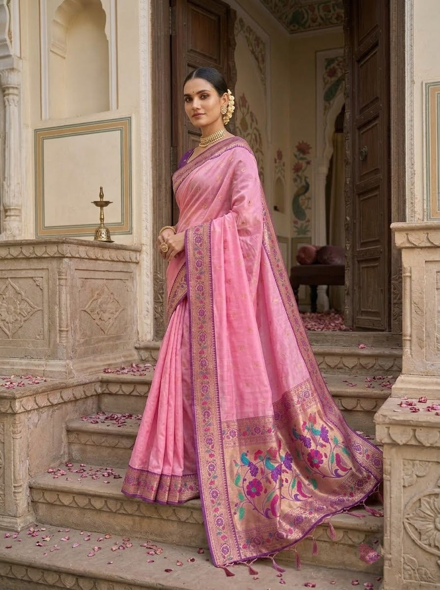 Golden Dew-Organza Silk (Semi) Saree with Minakari Zari Border & Designer Zari Pallu