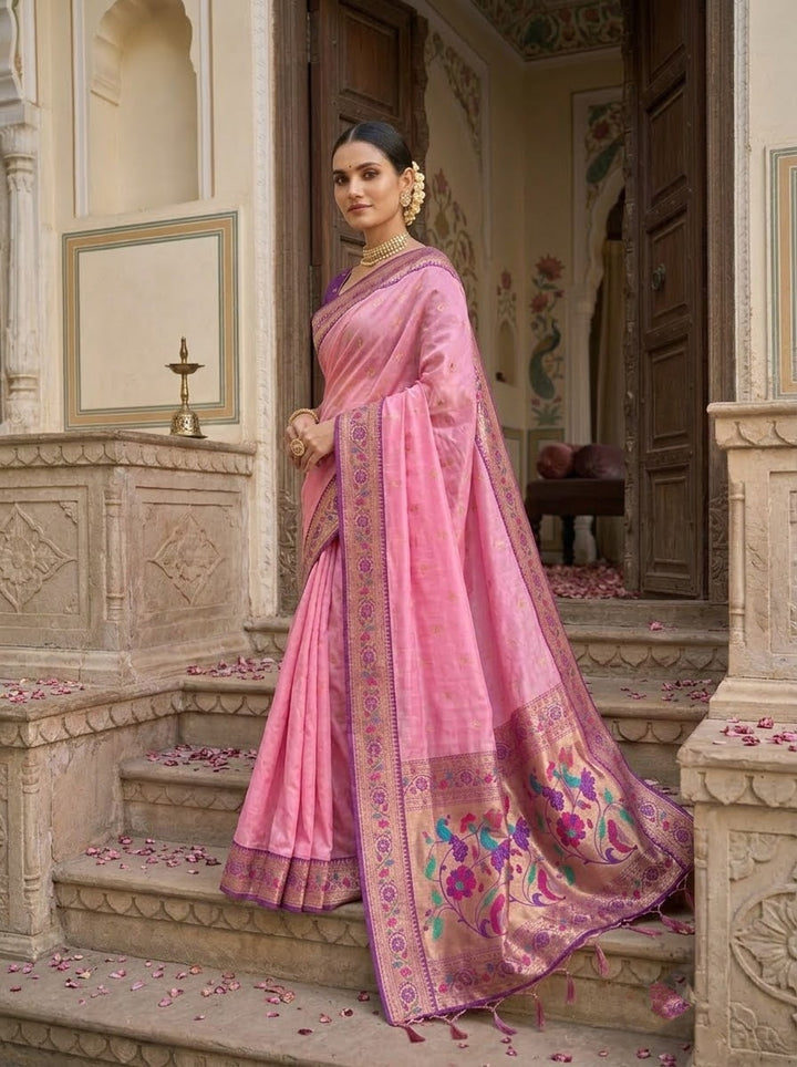 Golden Dew-Organza Silk (Semi) Saree with Minakari Zari Border & Designer Zari Pallu