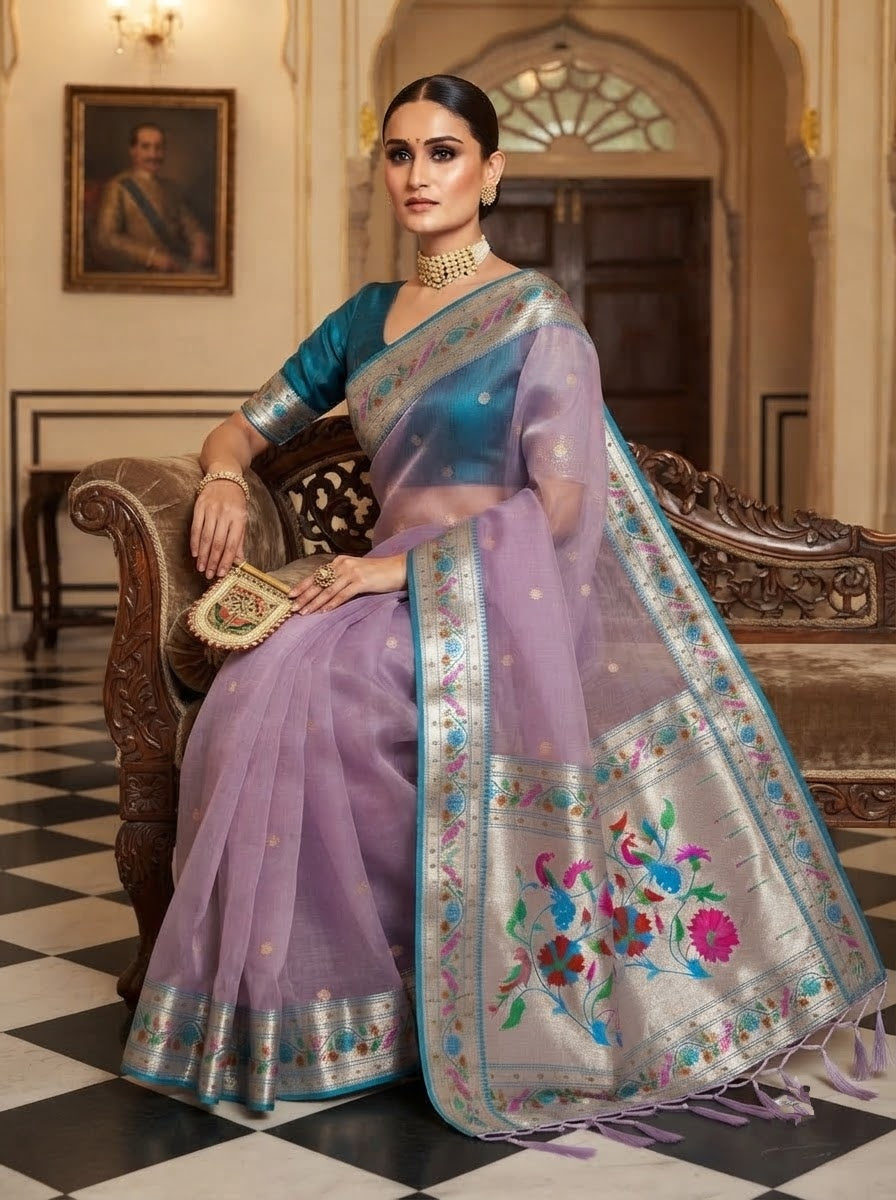 Golden Dew-Organza Silk (Semi) Saree with Minakari Zari Border & Designer Zari Pallu