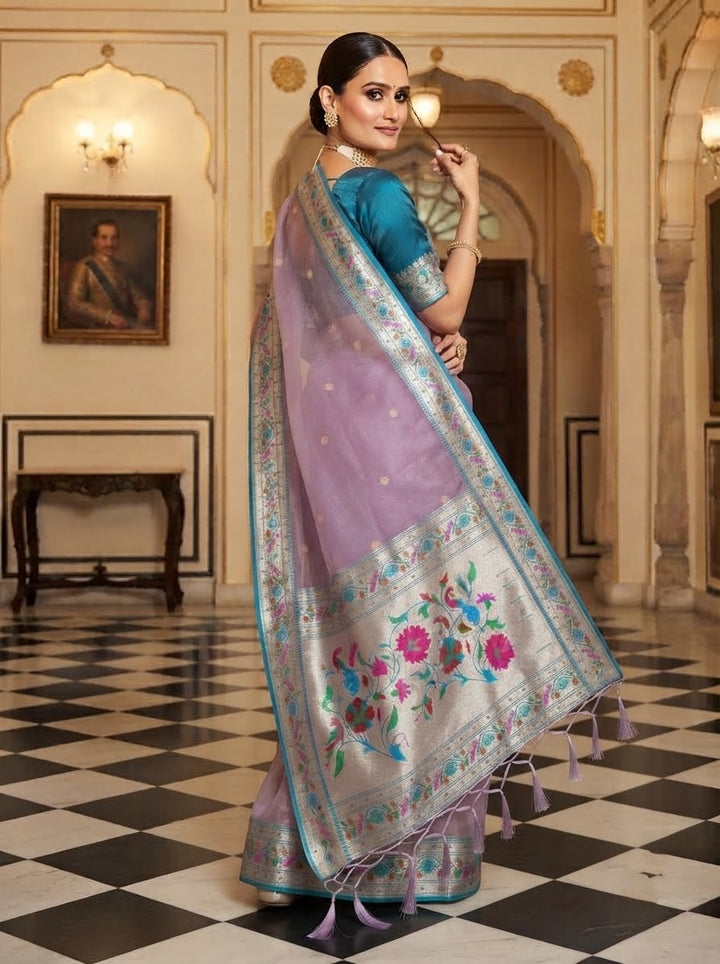 Golden Dew-Organza Silk (Semi) Saree with Minakari Zari Border & Designer Zari Pallu