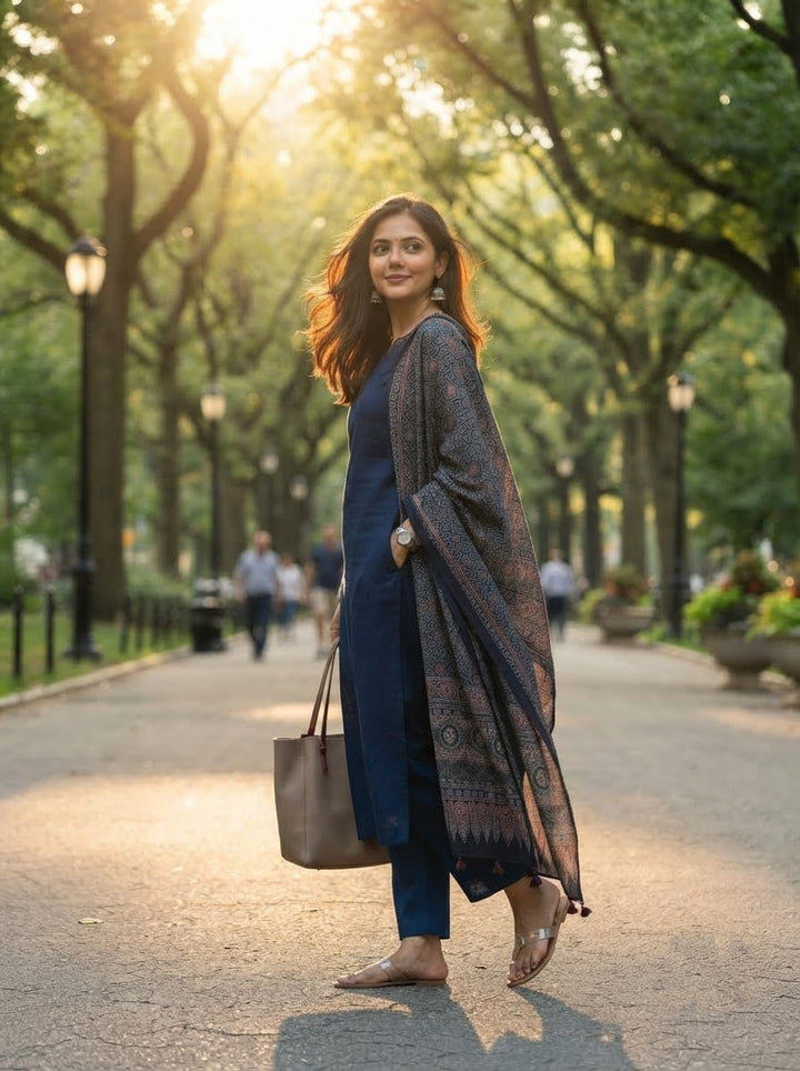 Dress to Slay-Ethnic Kurti Set with Ajrakh Mulmul Dupatta