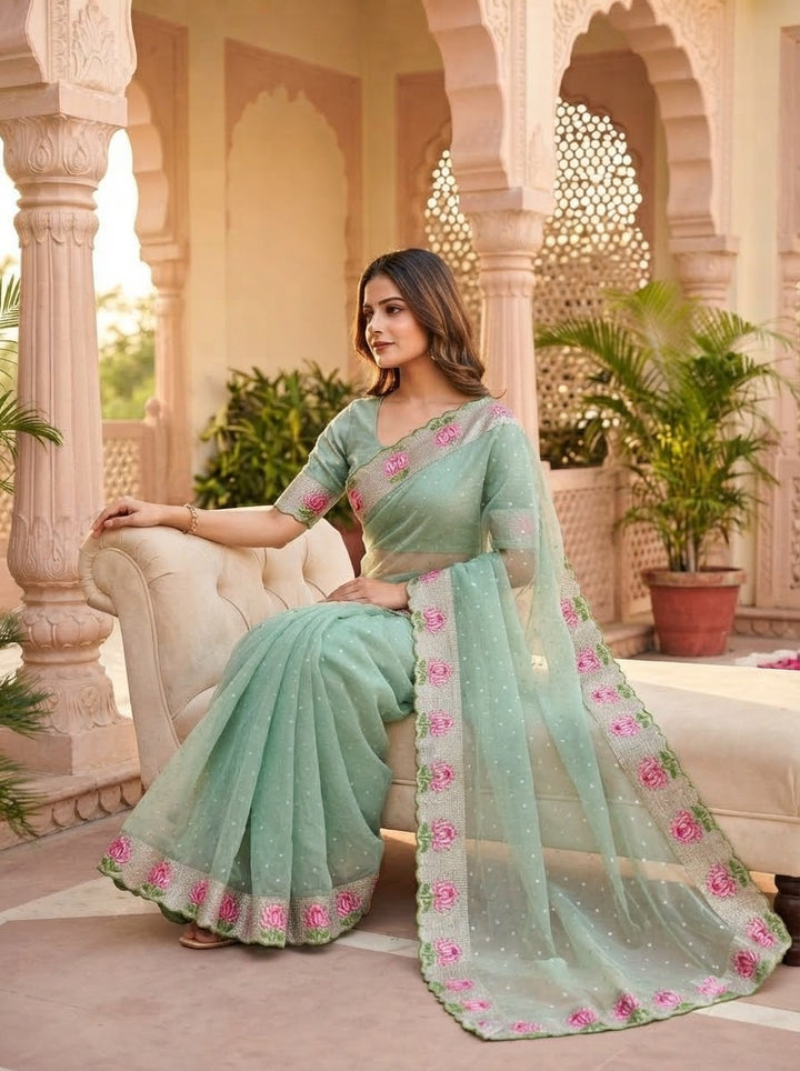 Emerald Noir- Moss Chiffon Saree Mirror Work