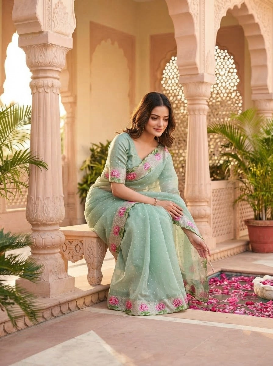 Emerald Noir- Moss Chiffon Saree Mirror Work