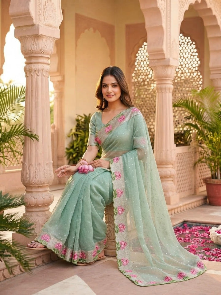 Emerald Noir- Moss Chiffon Saree Mirror Work