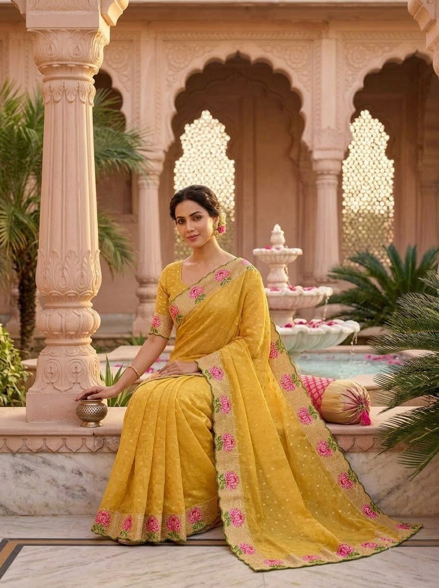 Emerald Noir- Moss Chiffon Saree Mirror Work