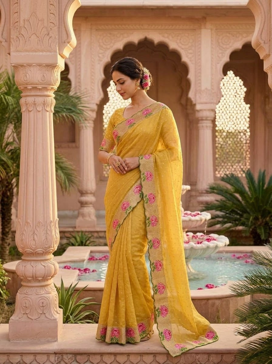 Emerald Noir- Moss Chiffon Saree Mirror Work