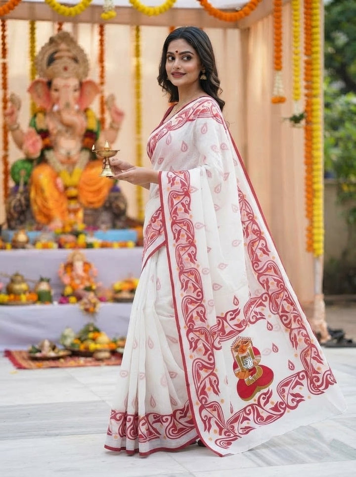 Ganesh Avahan Mul Cotton Saree with Print Work