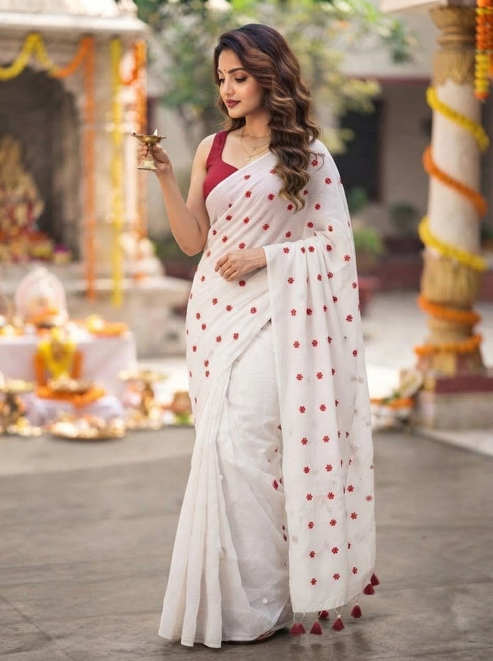 Kheya - Shiuli(Jasmine) Embroidered khadi Saree
