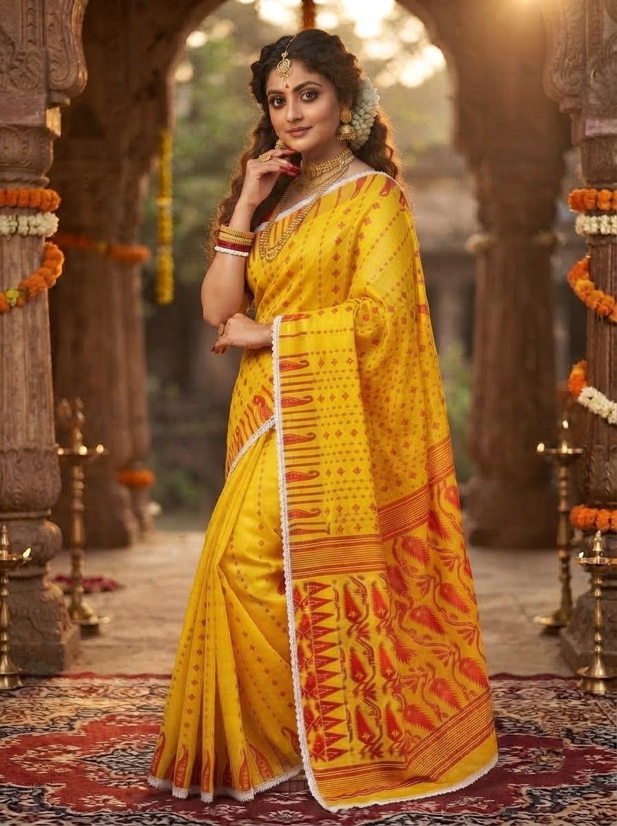 Binodini Bengal Jamdani Saree ( Red and Yellow )