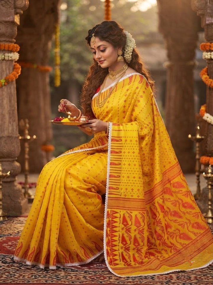 Binodini Bengal Jamdani Saree ( Red and Yellow )