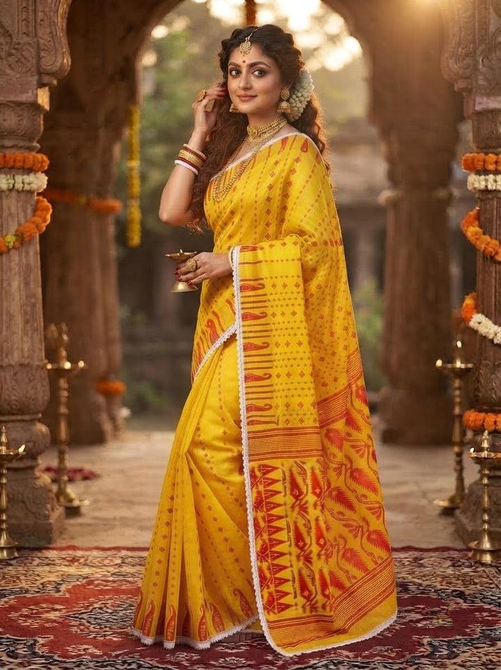 Binodini Bengal Jamdani Saree ( Red and Yellow )