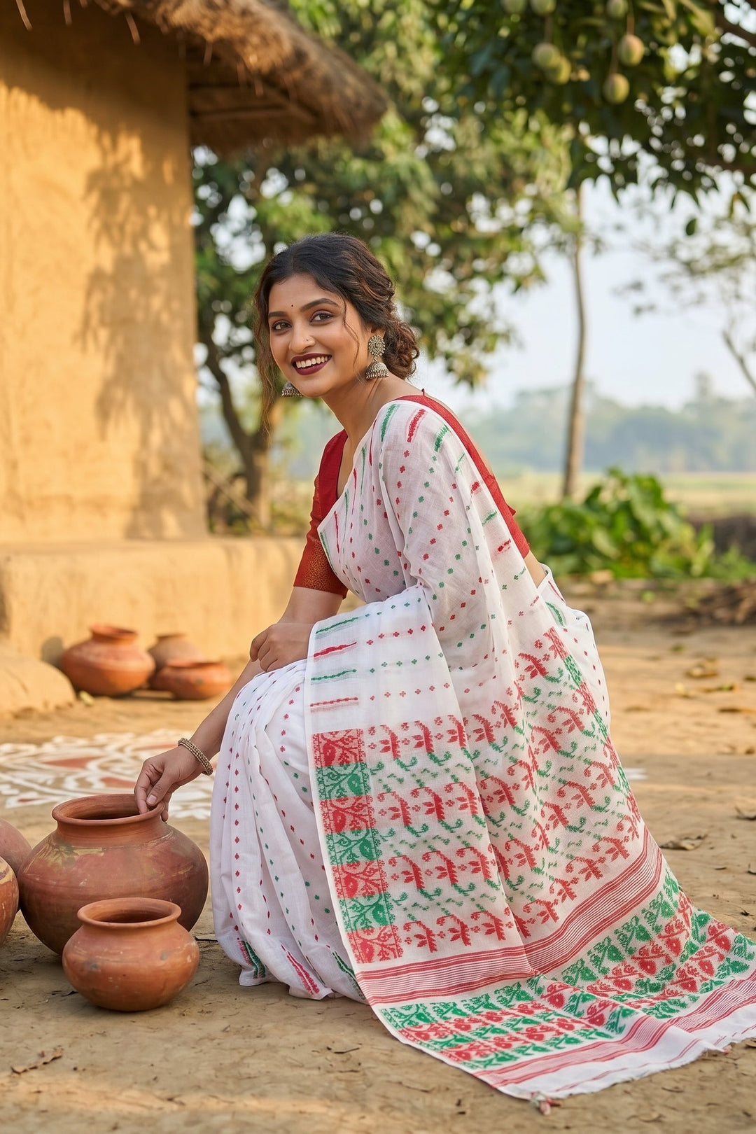 Shatarupa Bengal Jamdani Saree ( White Red Greeen)
