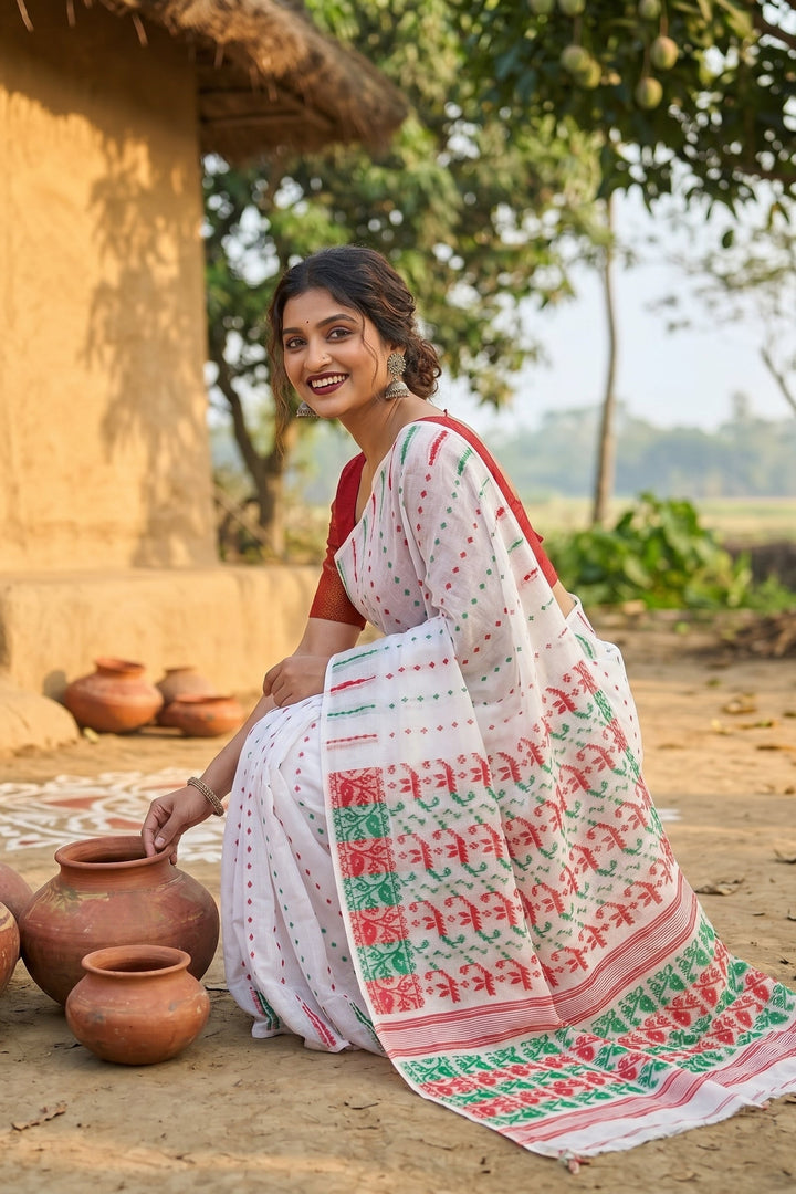 Shatarupa Bengal Jamdani Saree ( White Red Greeen)