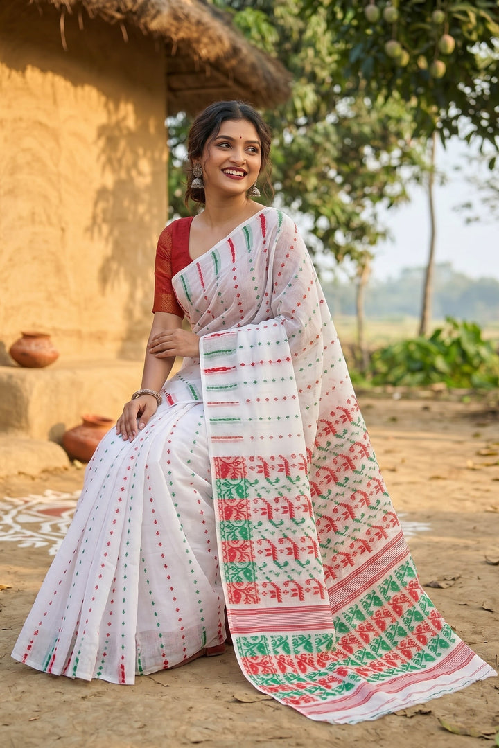 Shatarupa Bengal Jamdani Saree ( White Red Greeen)