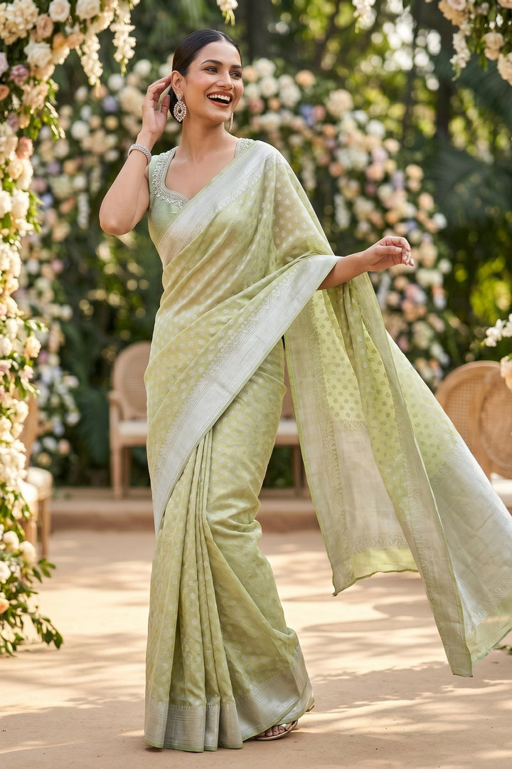 Butidar -Banarasi Cotton Silk Saree(Pista Color)