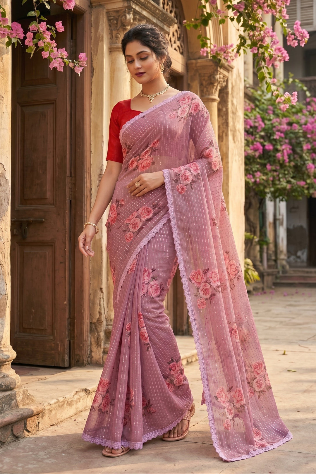 Pink Petal Glow – Georgette Silk Saree
