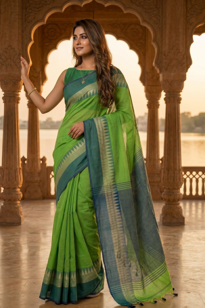 Aura Of Pure Khadi Cotton (Natural Pista Color) Saree