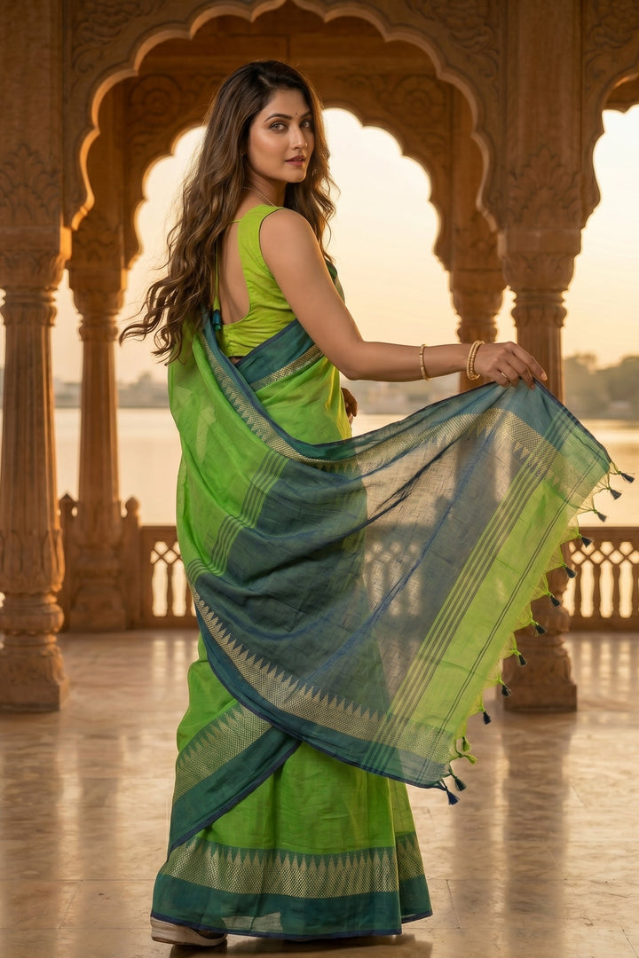 Aura Of Pure Khadi Cotton (Natural Pista Color) Saree