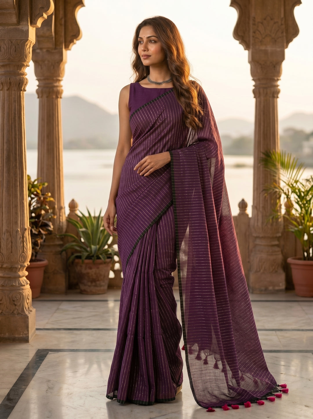 Bengal Khadi Saree Purple Stripe