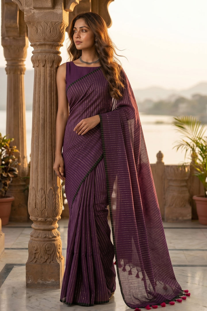 Bengal Khadi Saree Purple Stripe