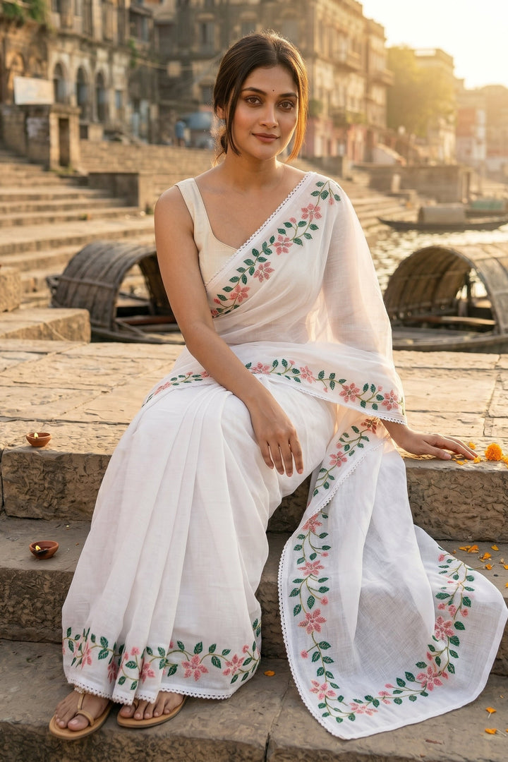 Celestial White Georgette Saree