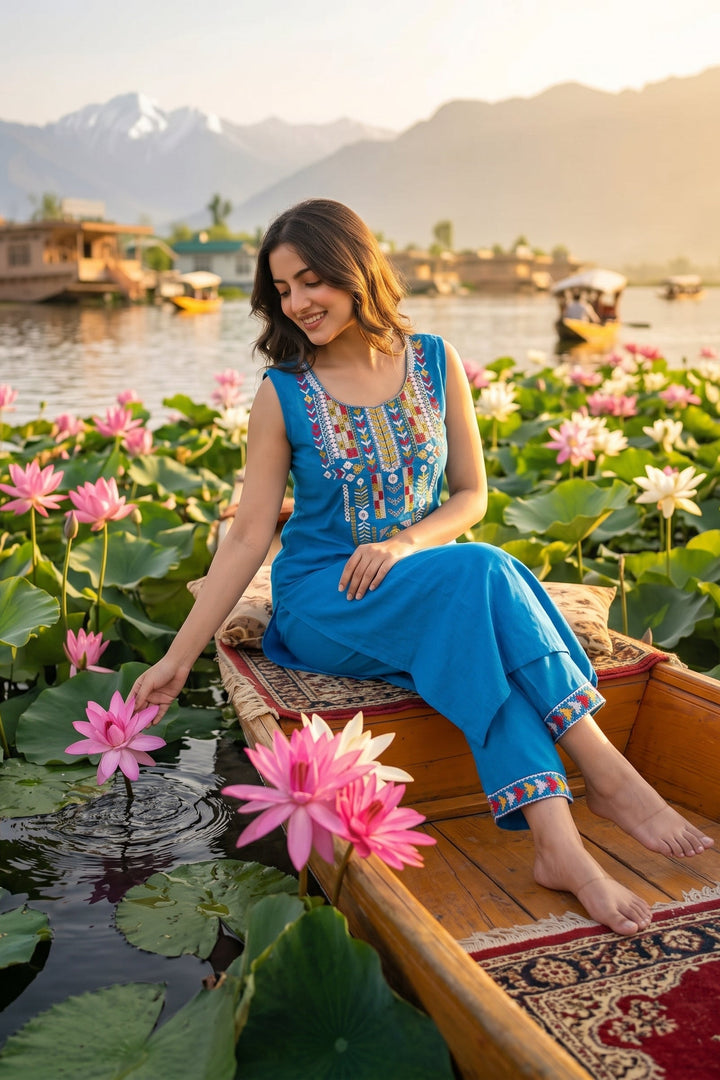 Ocean Bloom Cotton Kurti Set