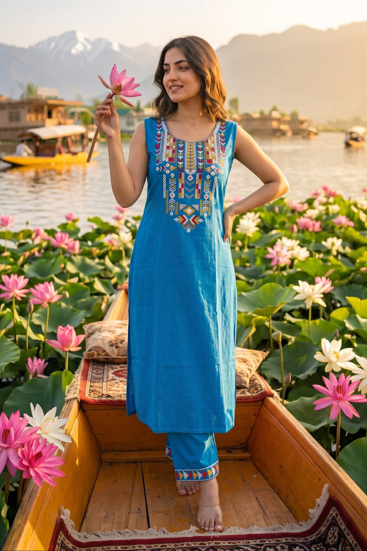 Ocean Bloom Cotton Kurti Set