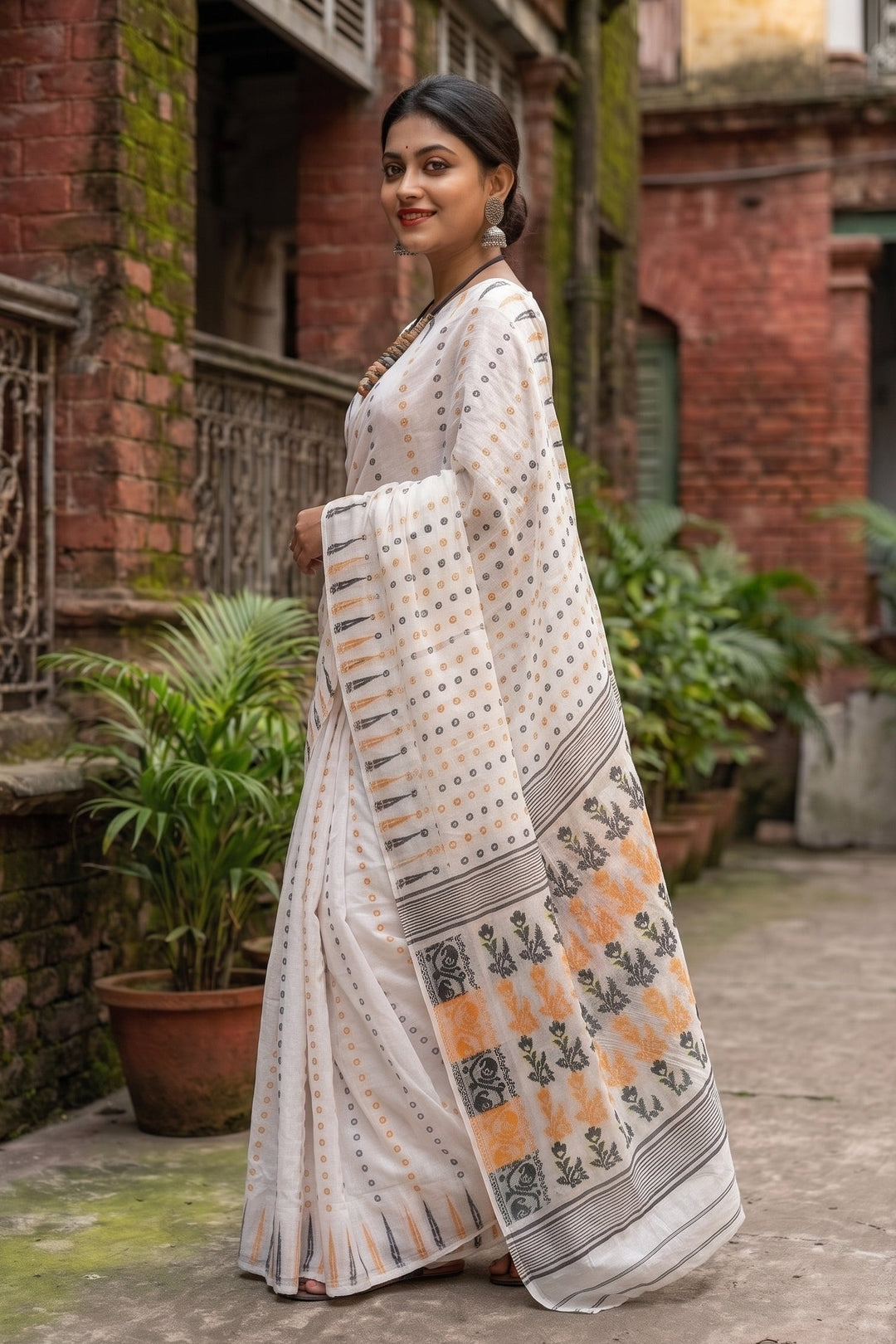 Moner Alo-Bengal Jamdani Saree ( White and Black)