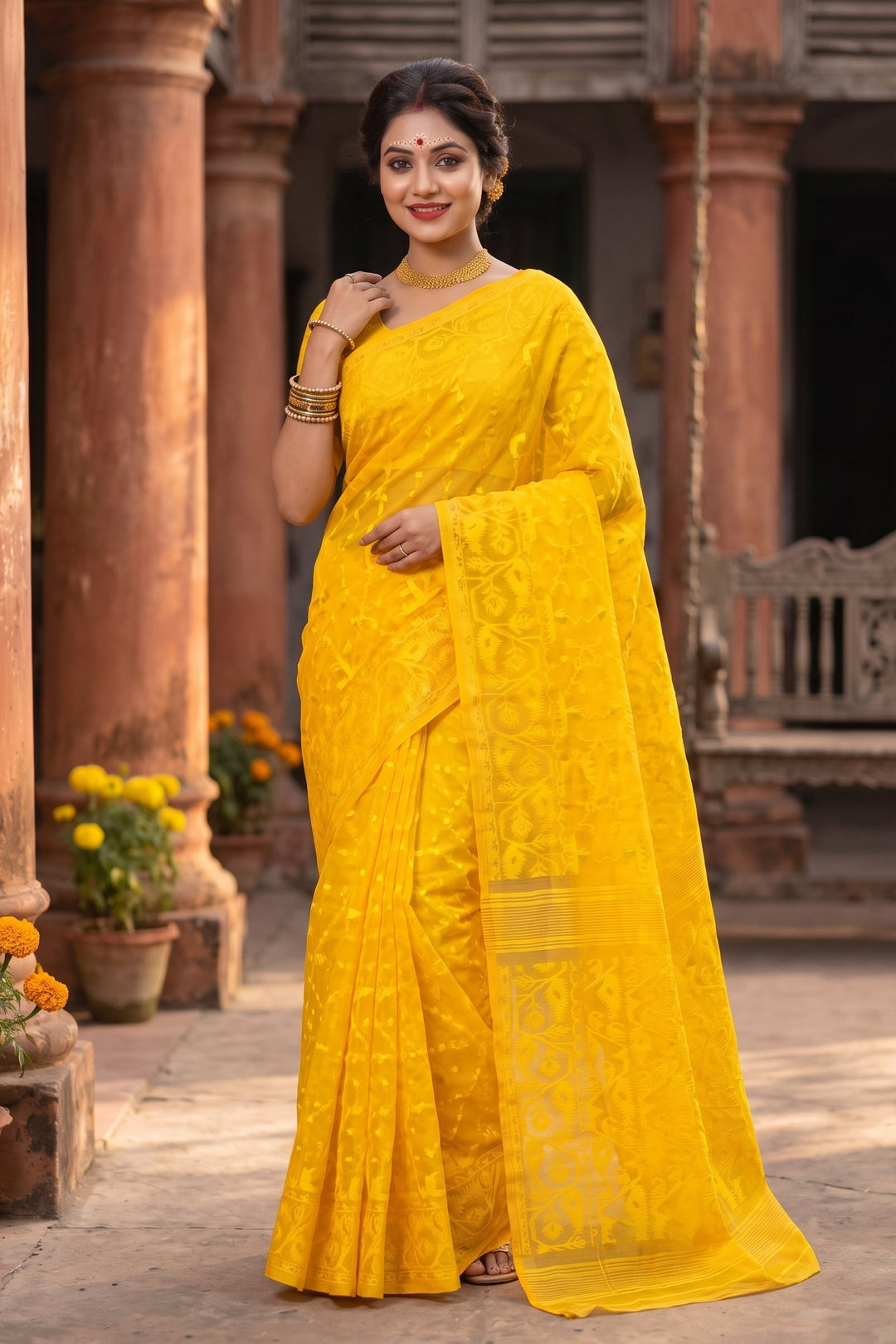 Shatarupa Bengal Jamdani Saree (Yellow Self)