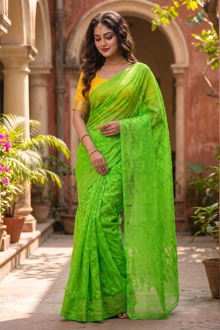 Shatarupa Bengal Jamdani Saree (Lime Green)