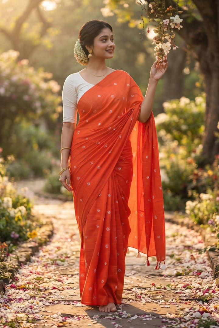 Bengal Shiuli(Jasmine) khadi Saree In Orange