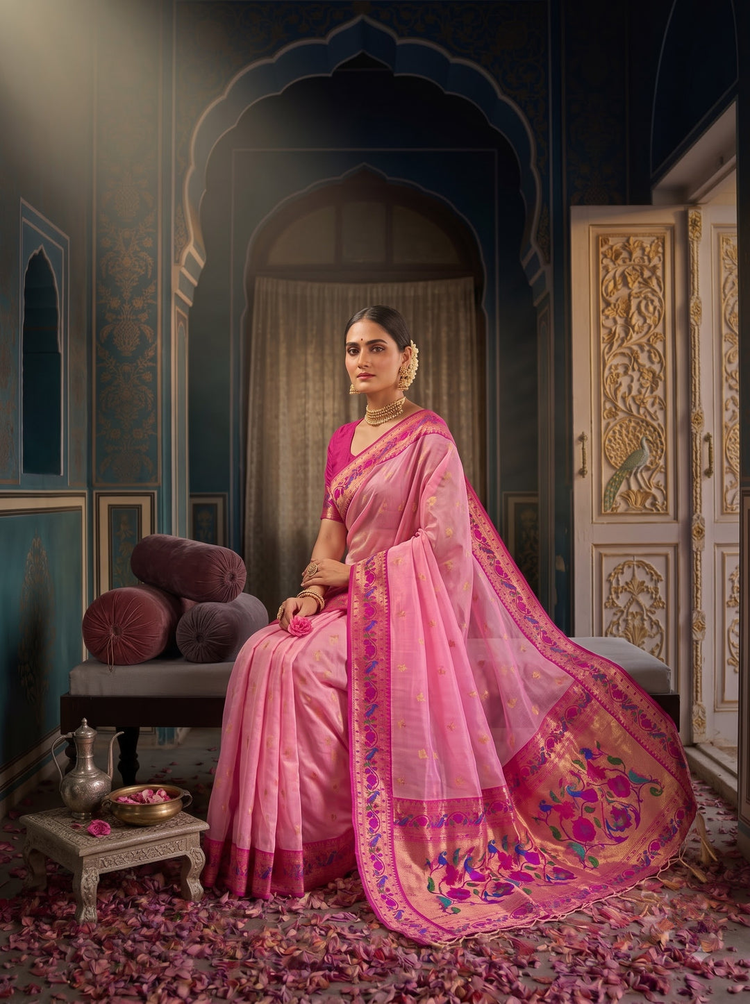 Golden Dew-Organza Silk (Semi) Saree with Minakari Zari Border & Designer Zari Pallu