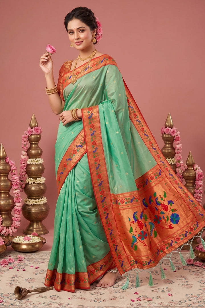 Golden Dew-Organza Silk (Semi) Saree with Minakari Zari Border & Designer Zari Pallu