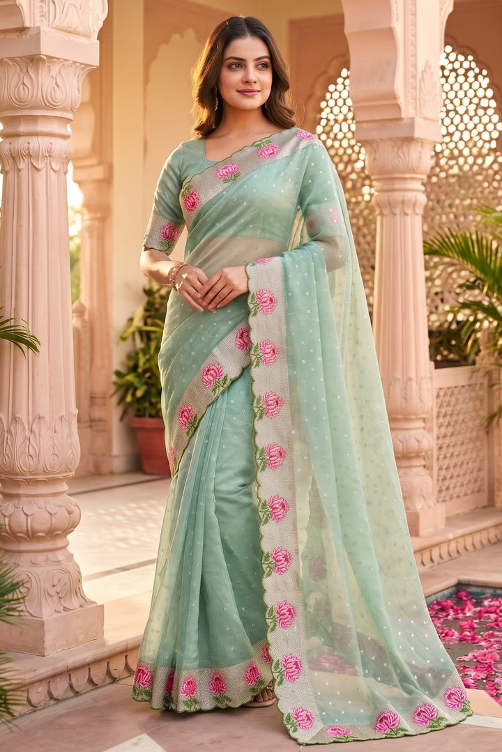 Emerald Noir- Moss Chiffon Saree Mirror Work