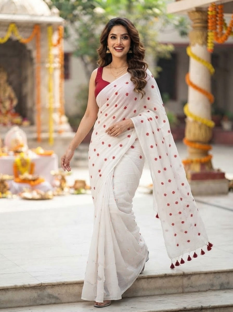 Kheya - Shiuli(Jasmine) Embroidered khadi Saree
