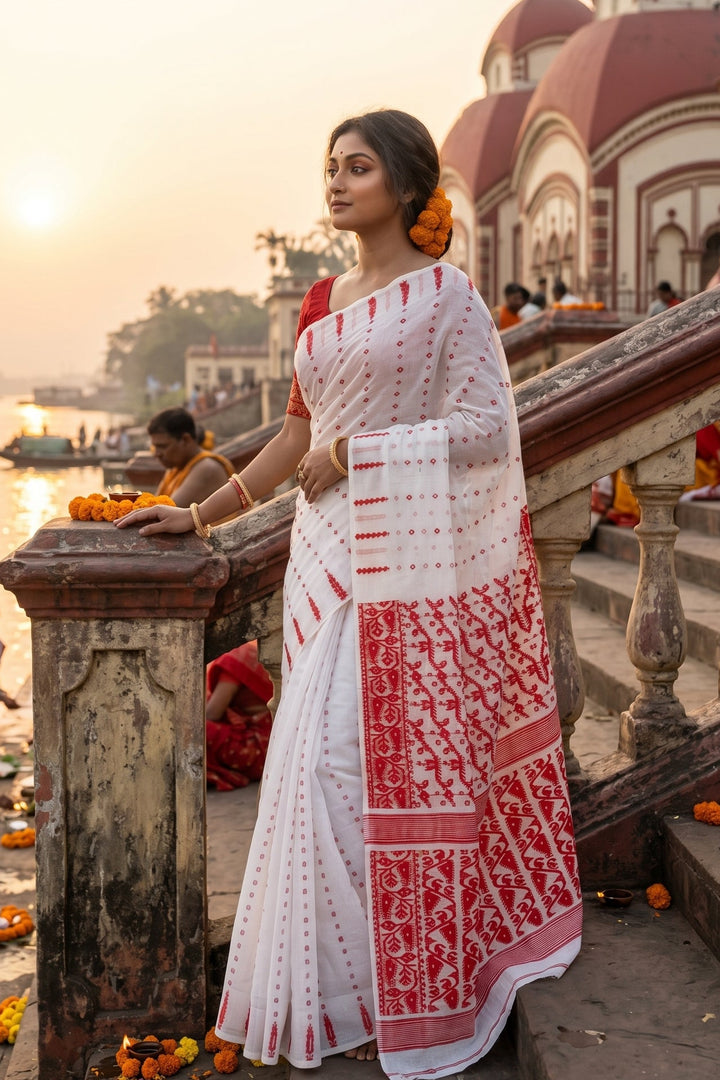 Shatarupa Bengal Jamdani Saree (White And Red)