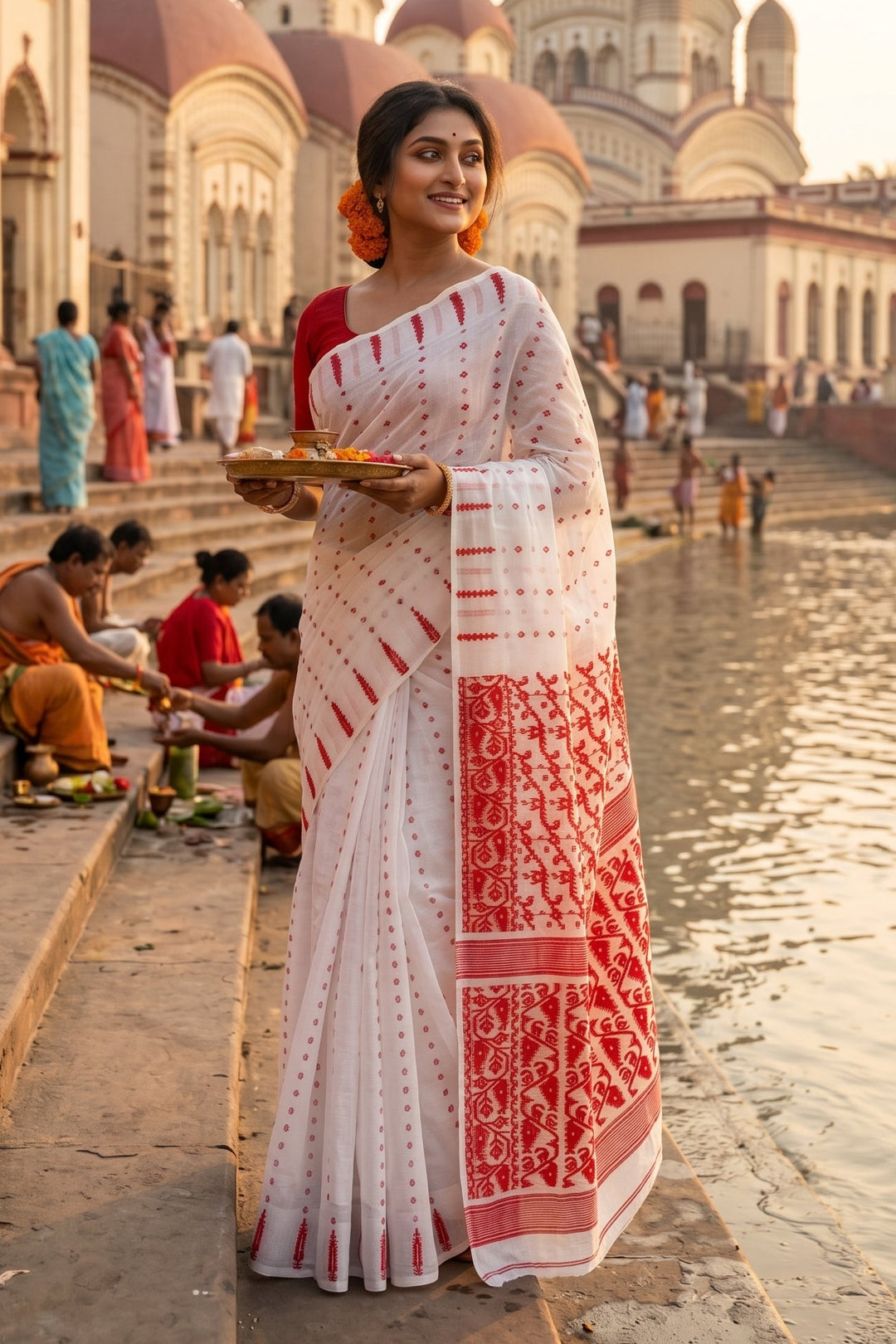 Shatarupa Bengal Jamdani Saree (White And Red)