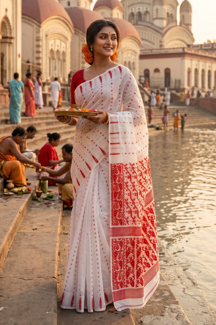 Shatarupa Bengal Jamdani Saree (White And Red)