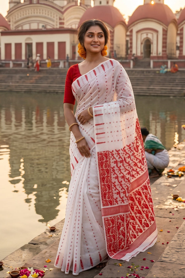 Shatarupa Bengal Jamdani Saree (White And Red)